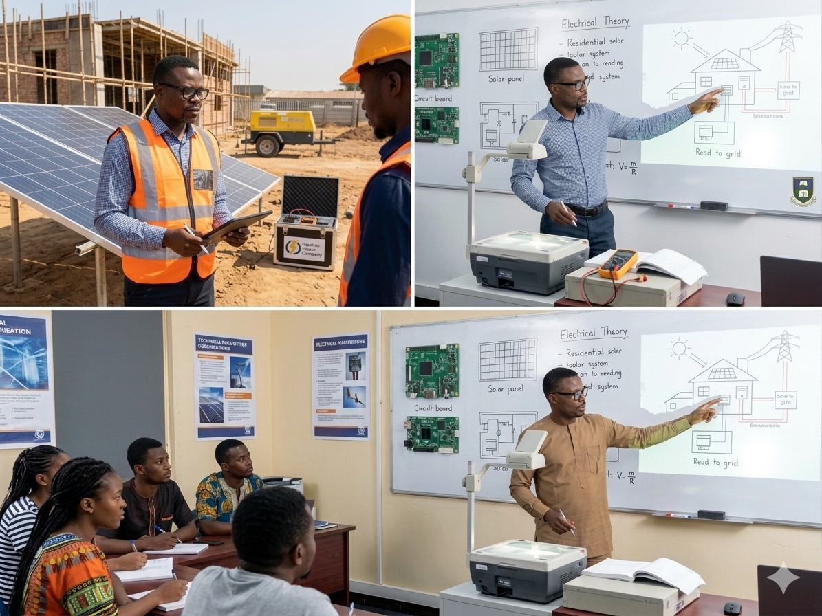 Engr. Adetoye on a solar installation site and teaching electrical theory — Rehoteq Technologies